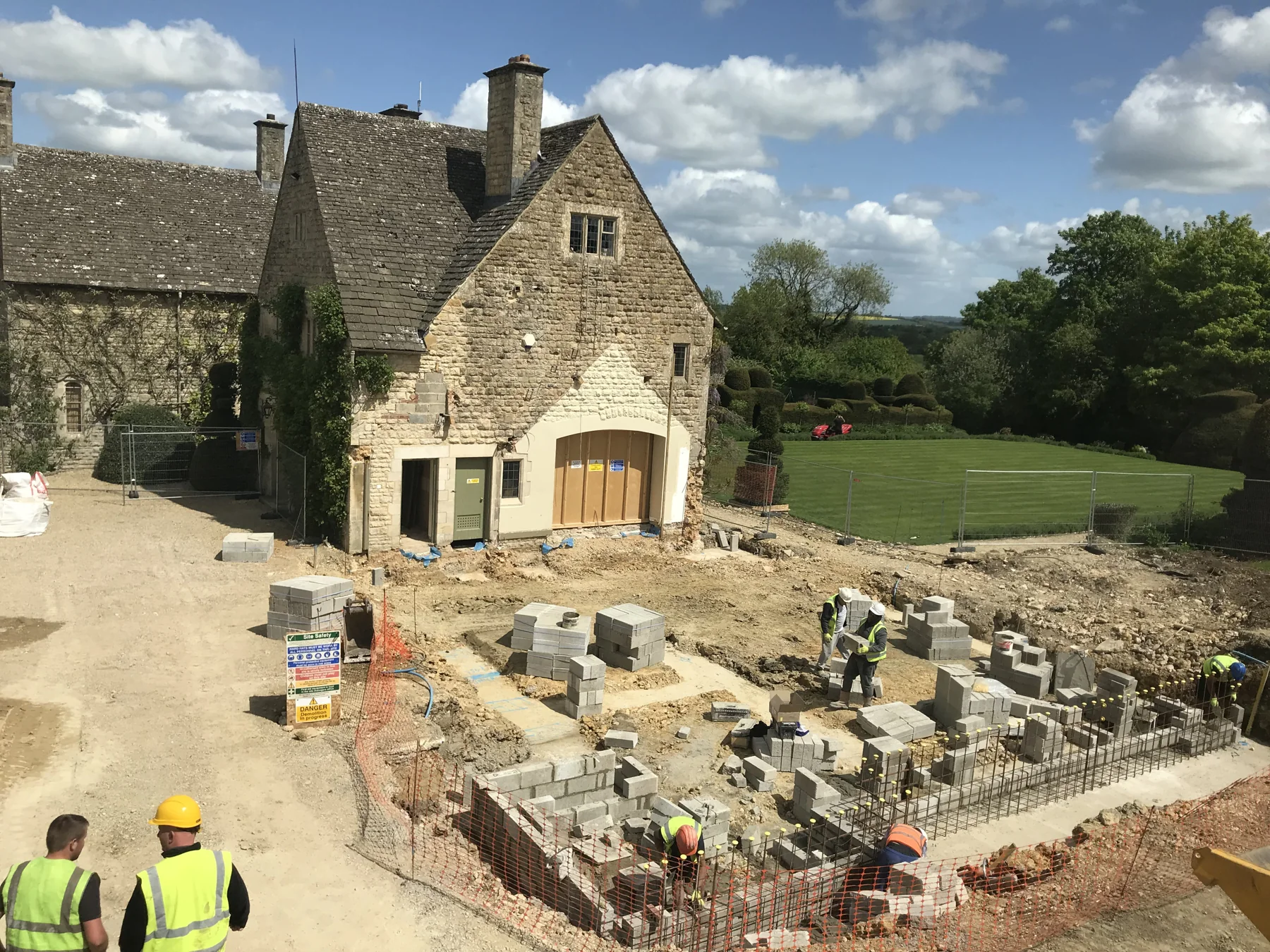 Stone building extension during construction